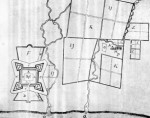 Kapstadt um 1660. Hier ist die rechteckige Form des alten Kastel der guten Hoffnung gut erkennbar.