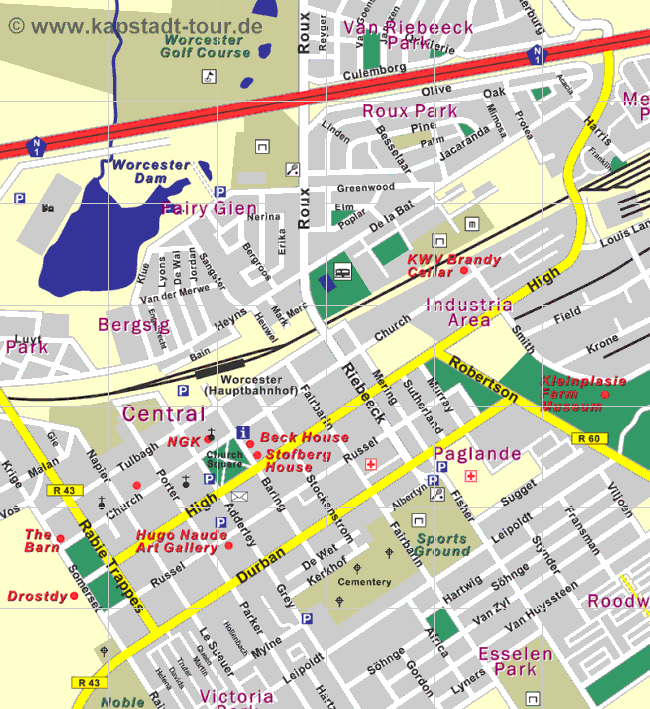 Stadtplan der Innenstadt von Worcester - Karte  www.kapstadt-tour.de