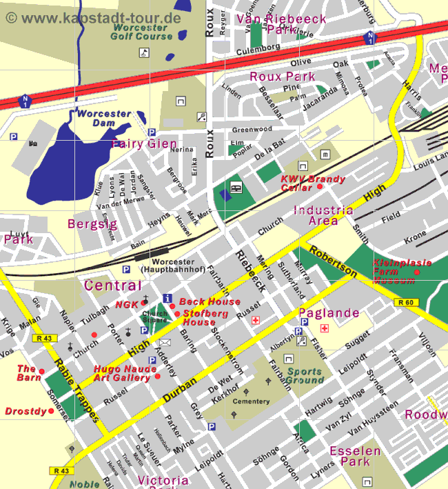 Stadtplan der Innenstadt von Worcester - Karte © www.kapstadt-tour.de