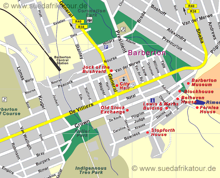 Stadtplan von Barberton in der Provinz Mpumalanga in Südafrika