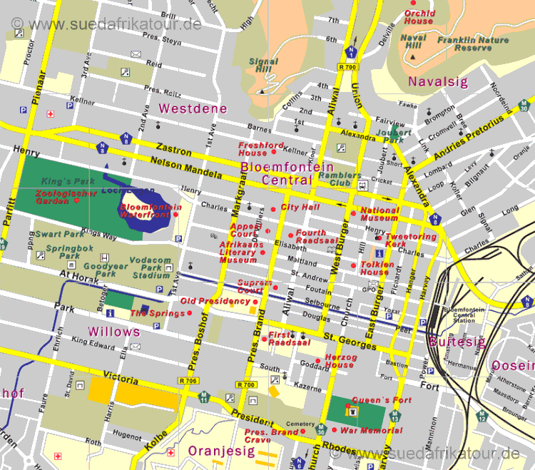 Stadtplan von Bloemfontein in der Provinz Free State / Südafrika