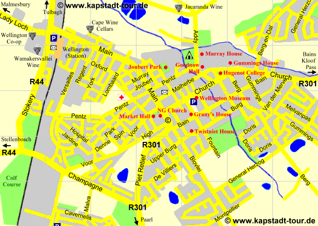 Stadplan der Innenstadt von Wellington - Karte  www.kapstadt-tour.de